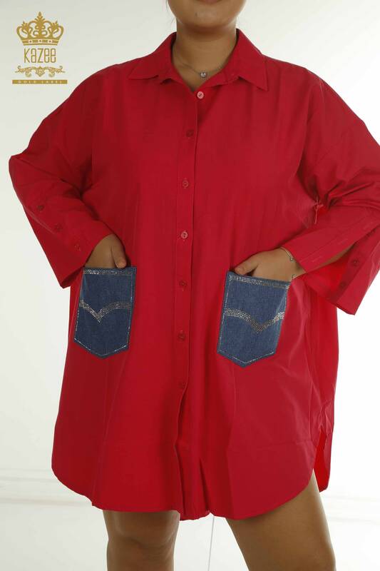Toptan Kadın Gömlek Elbise Taş İşlemeli Kırmızı - 2402-211636 | S&M