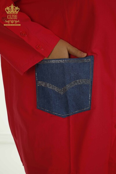 Toptan Kadın Gömlek Elbise Taş İşlemeli Kırmızı - 2402-211636 | S&M - Thumbnail