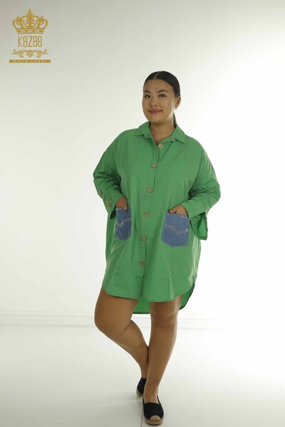 Toptan Kadın Gömlek Elbise Taş İşlemeli Yeşil - 2402-211636 | S&M - Thumbnail