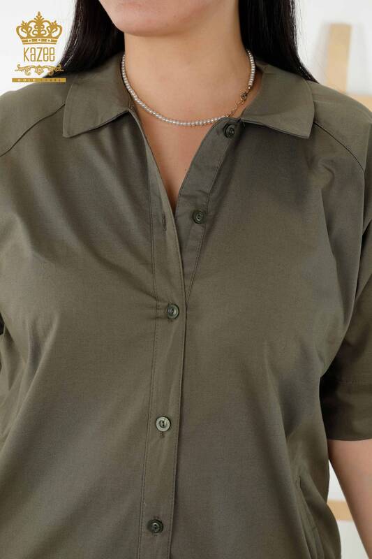 Toptan Kadın Gömlek Elbise Zincir Desenli Haki - 20379 | KAZEE