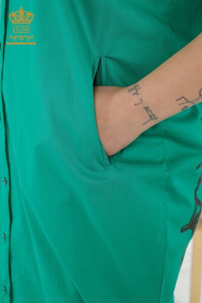 Toptan Kadın Gömlek Elbise Zincir Desenli Yeşil - 20379 | KAZEE - Thumbnail