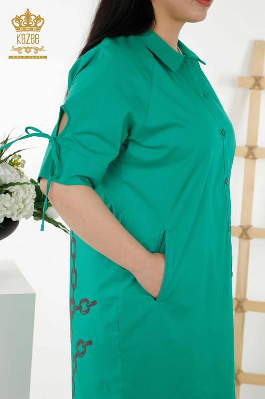 Toptan Kadın Gömlek Elbise Zincir Desenli Yeşil - 20379 | KAZEE
