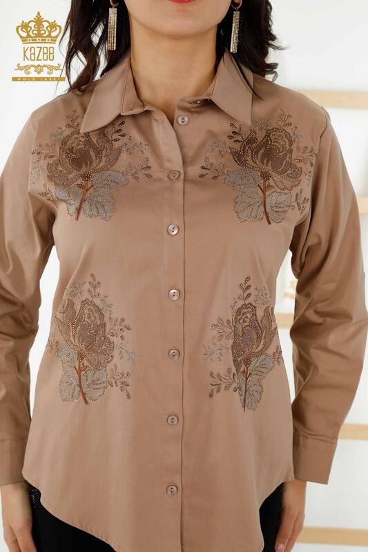 Toptan Kadın Gömlek Gül Desenli Bej - 20243 | KAZEE