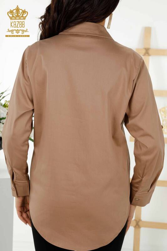 Toptan Kadın Gömlek Gül Desenli Bej - 20243 | KAZEE
