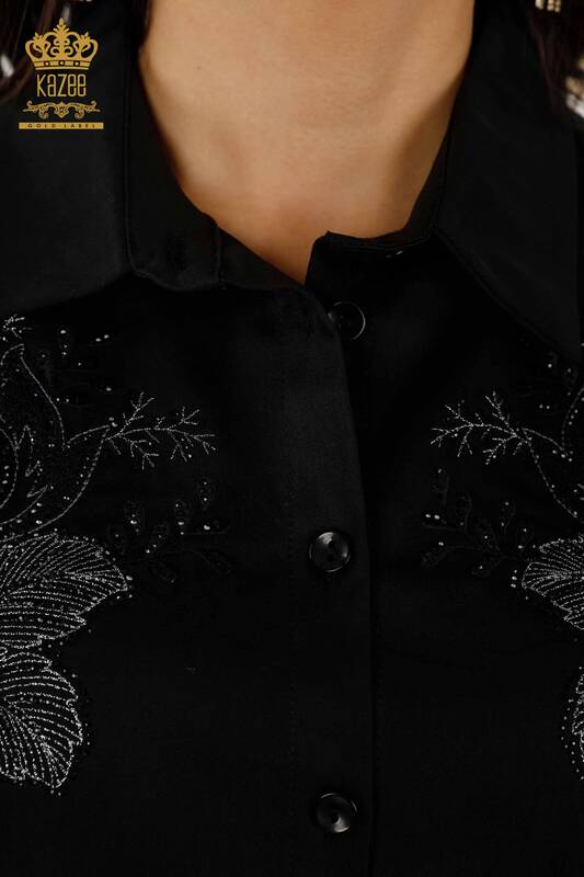 Toptan Kadın Gömlek Gül Desenli Siyah - 20243 | KAZEE
