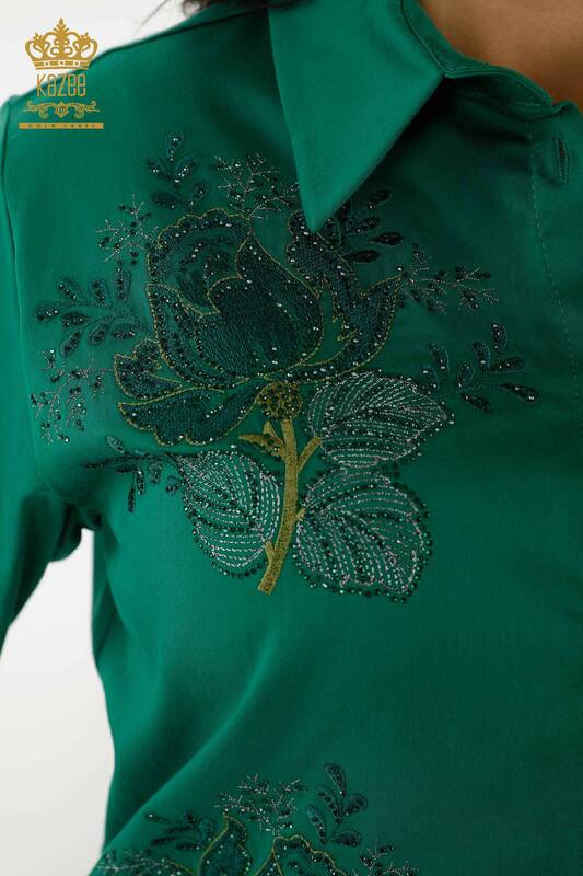 Toptan Kadın Gömlek Gül Desenli Yeşil - 20243 | KAZEE