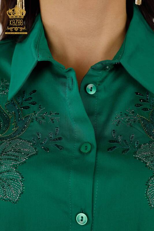 Toptan Kadın Gömlek Gül Desenli Yeşil - 20243 | KAZEE