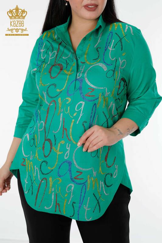 Toptan Kadın Gömlek Harf Desenli Yeşil - 20123 | KAZEE