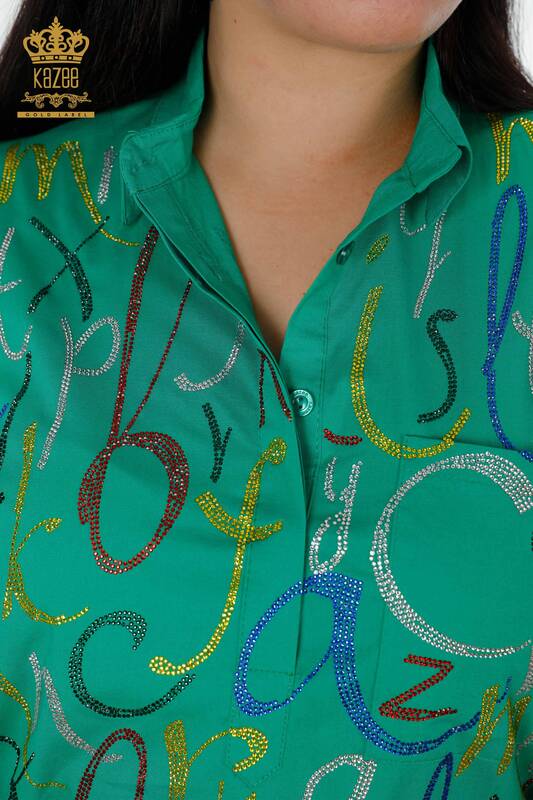 Toptan Kadın Gömlek Harf Desenli Yeşil - 20123 | KAZEE