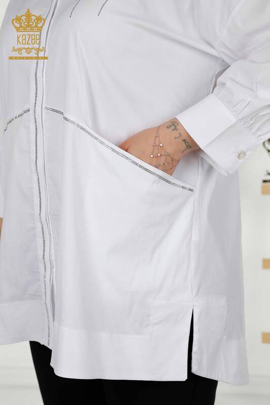 Toptan Kadın Gömlek İki Cepli Beyaz - 20220 | KAZEE
