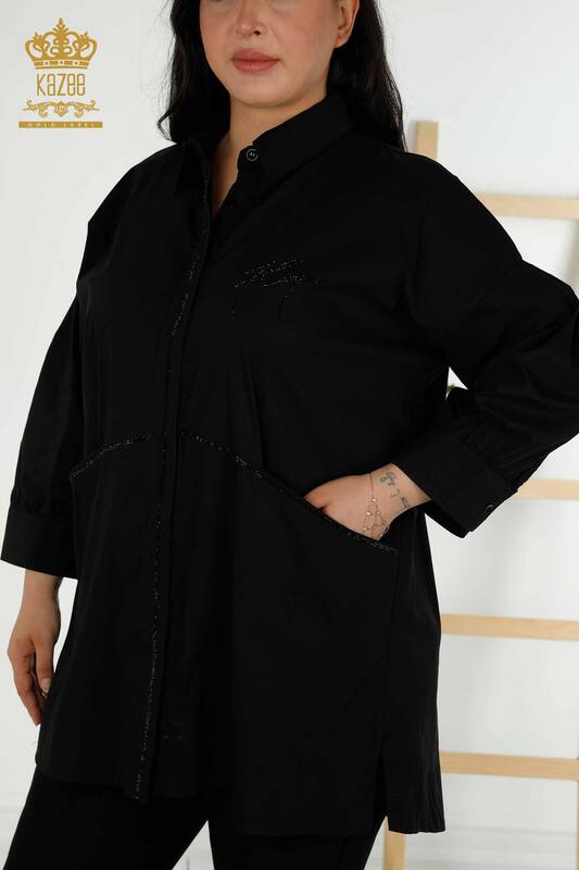 Toptan Kadın Gömlek İki Cepli Siyah - 20220 | KAZEE