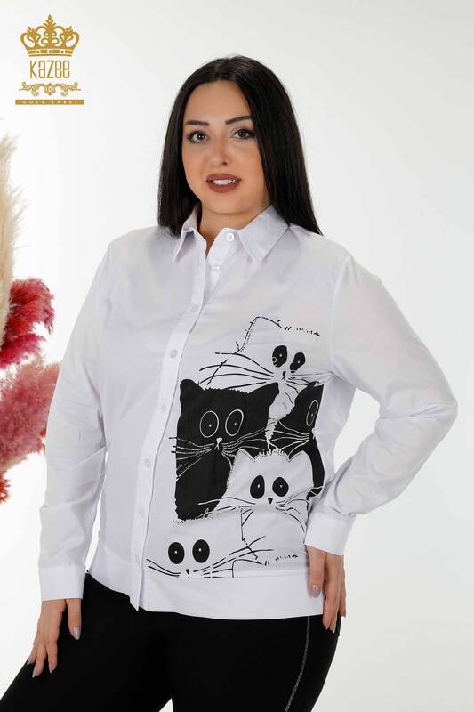 Toptan Kadın Gömlek Kedi Desenli Beyaz - 20318 | KAZEE