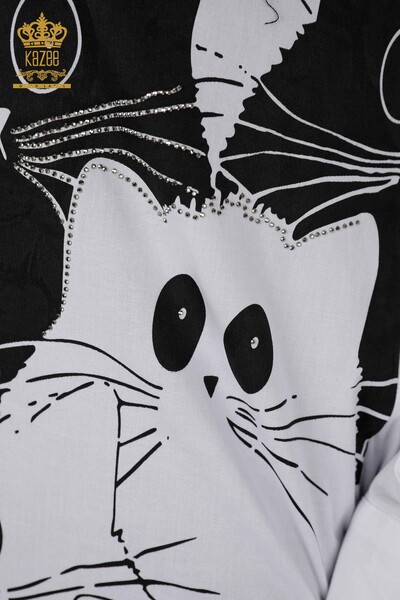 Toptan Kadın Gömlek Kedi Desenli Beyaz - 20318 | KAZEE - Thumbnail