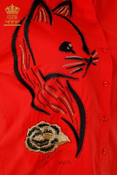 Toptan Kadın Gömlek Kedi Desenli Gül Detaylı Taş İşlemeli - 20053 | KAZEE - Thumbnail