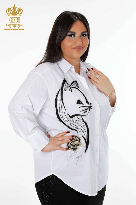 Toptan Kadın Gömlek Kedi Desenli Gül Detaylı Taş İşlemeli - 20053 | KAZEE
