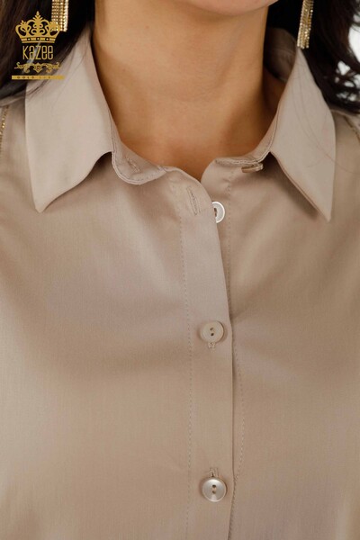 Toptan Kadın Gömlek Kol Detaylı Bej - 20247 | KAZEE - Thumbnail