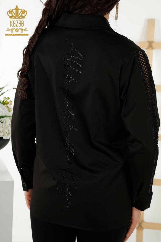 Toptan Kadın Gömlek Kol Detaylı Siyah - 20247 | KAZEE