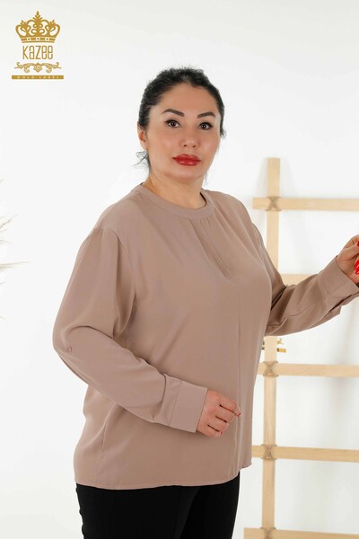 Kazee - Toptan Kadın Gömlek Kol Düğme Detaylı Bej - 20376 | KAZEE