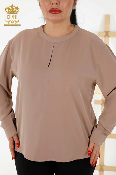 Kazee - Toptan Kadın Gömlek Kol Düğme Detaylı Bej - 20376 | KAZEE (1)