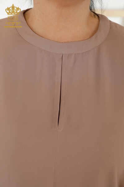 Toptan Kadın Gömlek Kol Düğme Detaylı Bej - 20376 | KAZEE - Thumbnail (2)