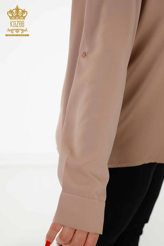 Toptan Kadın Gömlek Kol Düğme Detaylı Bej - 20376 | KAZEE