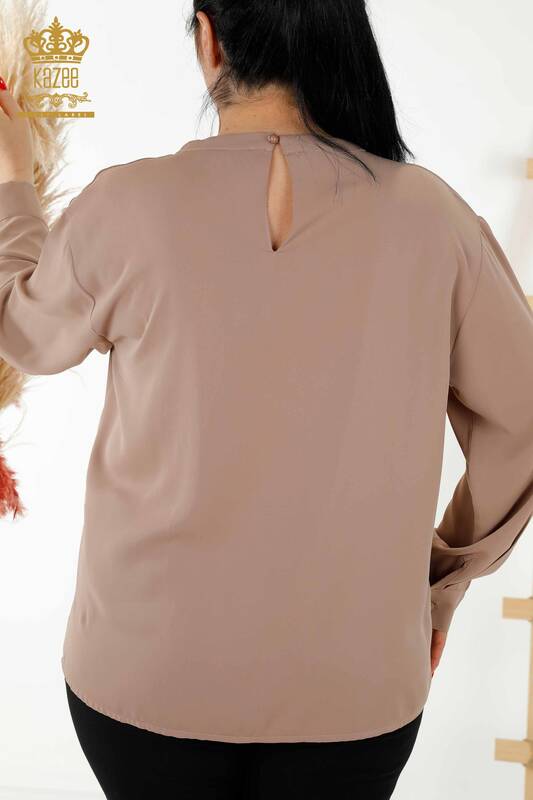 Toptan Kadın Gömlek Kol Düğme Detaylı Bej - 20376 | KAZEE