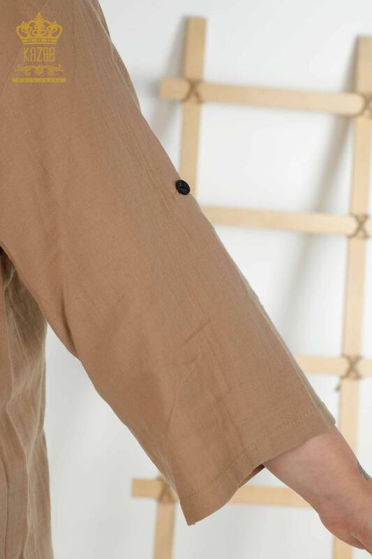Toptan Kadın Gömlek Kol Düğme Detaylı Bej - 20403 | KAZEE