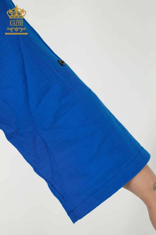 Toptan Kadın Gömlek Kol Düğme Detaylı Saks - 20403 | KAZEE