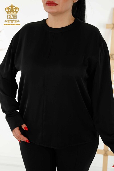 Toptan Kadın Gömlek Kol Düğme Detaylı Siyah - 20376 | KAZEE - Thumbnail (2)