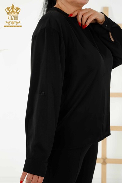 Toptan Kadın Gömlek Kol Düğme Detaylı Siyah - 20376 | KAZEE - Thumbnail