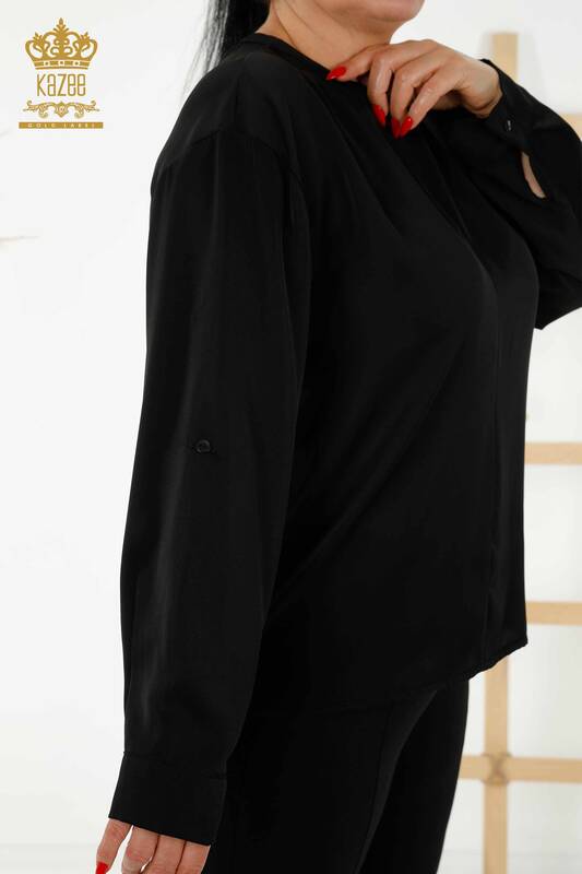 Toptan Kadın Gömlek Kol Düğme Detaylı Siyah - 20376 | KAZEE