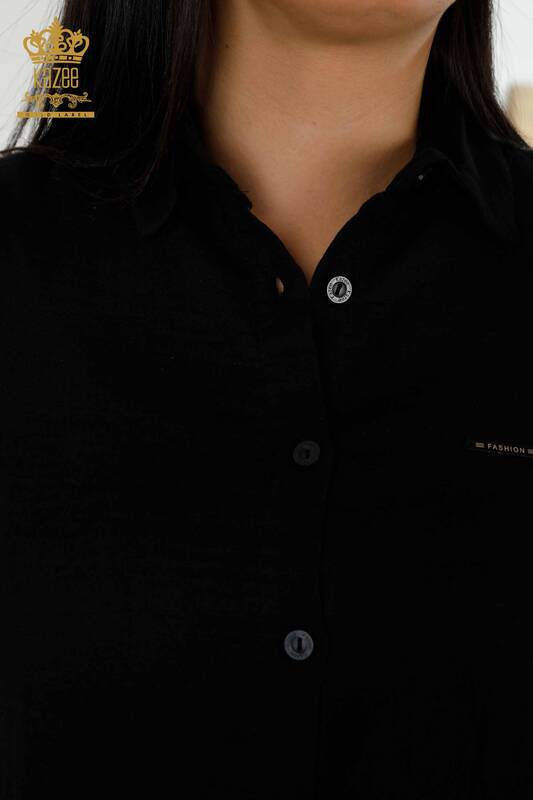 Toptan Kadın Gömlek Kol Düğme Detaylı Siyah - 20403 | KAZEE
