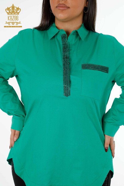 Kazee - Toptan Kadın Gömlek Koton Renkli Taş İşlemeli Desenli - 20075 | KAZEE (1)