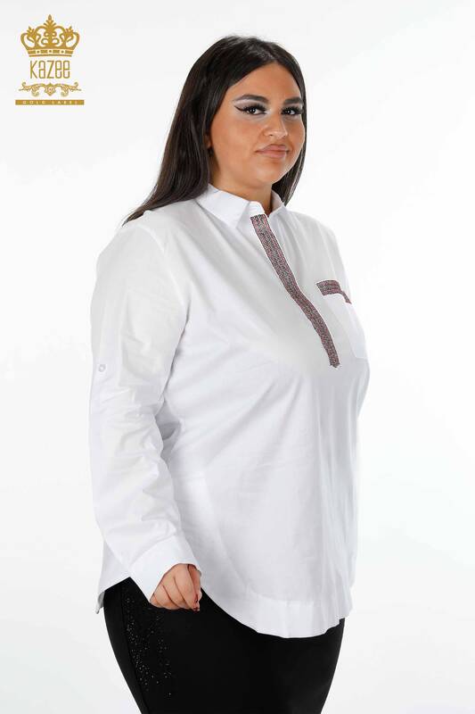 Toptan Kadın Gömlek Koton Renkli Taş İşlemeli Desenli - 20075 | KAZEE