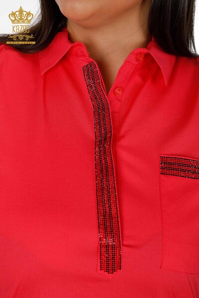 Toptan Kadın Gömlek Koton Renkli Taş İşlemeli Desenli - 20075 | KAZEE - Thumbnail