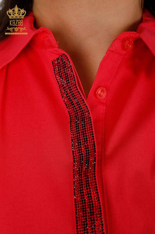 Toptan Kadın Gömlek Koton Renkli Taş İşlemeli Desenli - 20075 | KAZEE