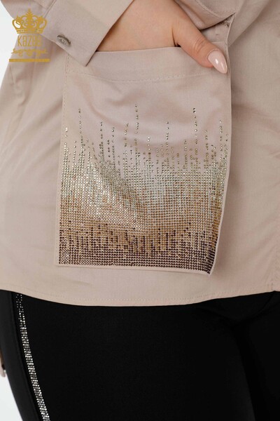 Toptan Kadın Gömlek Kristal Taş İşlemeli Bej - 20136 | KAZEE - Thumbnail
