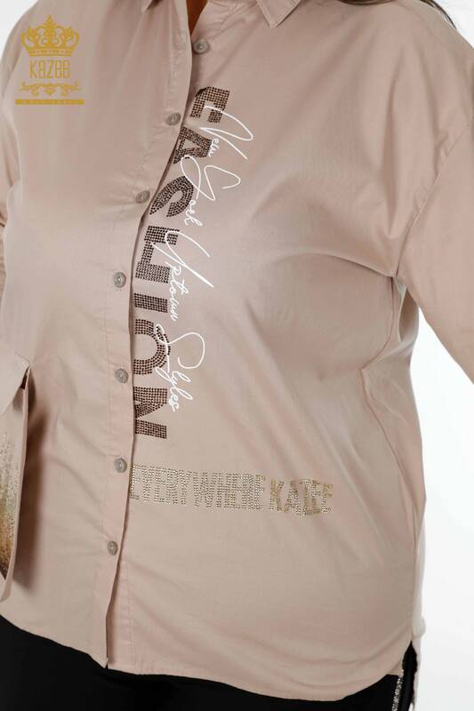 Toptan Kadın Gömlek Kristal Taş İşlemeli Bej - 20136 | KAZEE