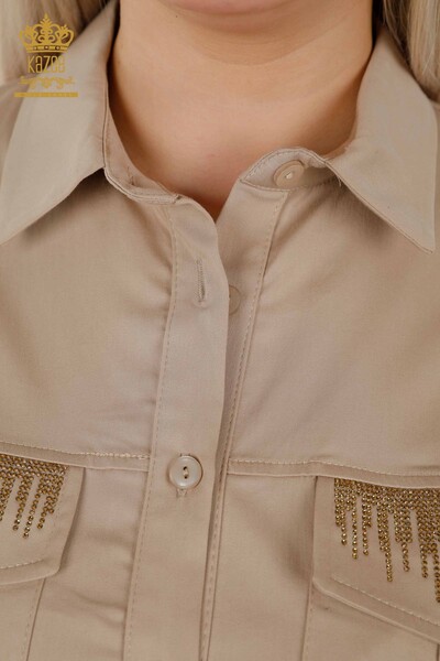 Toptan Kadın Gömlek Kristal Taş İşlemeli Bej - 20239 | KAZEE - Thumbnail