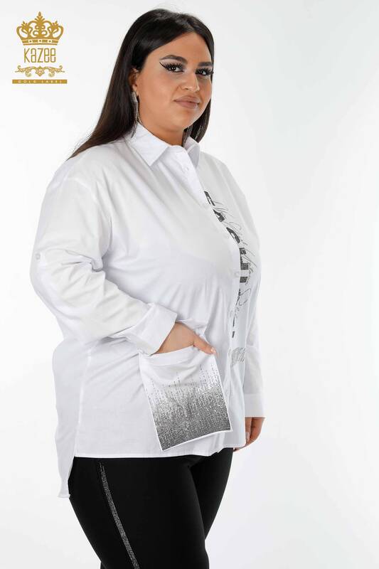 Toptan Kadın Gömlek Kristal Taş İşlemeli Beyaz - 20136 | KAZEE