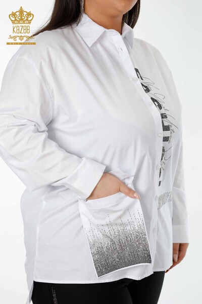 Toptan Kadın Gömlek Kristal Taş İşlemeli Beyaz - 20136 | KAZEE - Thumbnail