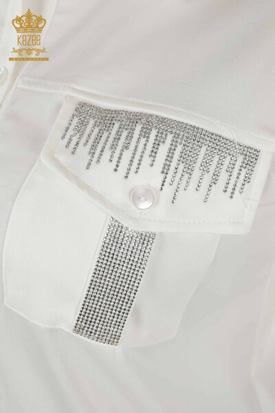 Toptan Kadın Gömlek Kristal Taş İşlemeli Ekru - 20239 | KAZEE - Thumbnail