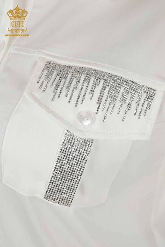 Toptan Kadın Gömlek Kristal Taş İşlemeli Ekru - 20239 | KAZEE