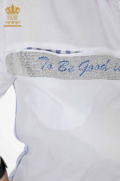 Toptan Kadın Gömlek Kristal Taş İşlemeli Mavi Beyaz - 17127 | KAZEE - Thumbnail