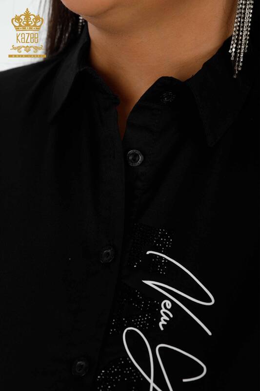 Toptan Kadın Gömlek Kristal Taş İşlemeli Siyah - 20136 | KAZEE