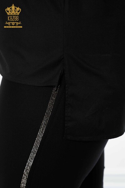 Toptan Kadın Gömlek Kristal Taş İşlemeli Siyah - 20136 | KAZEE - Thumbnail