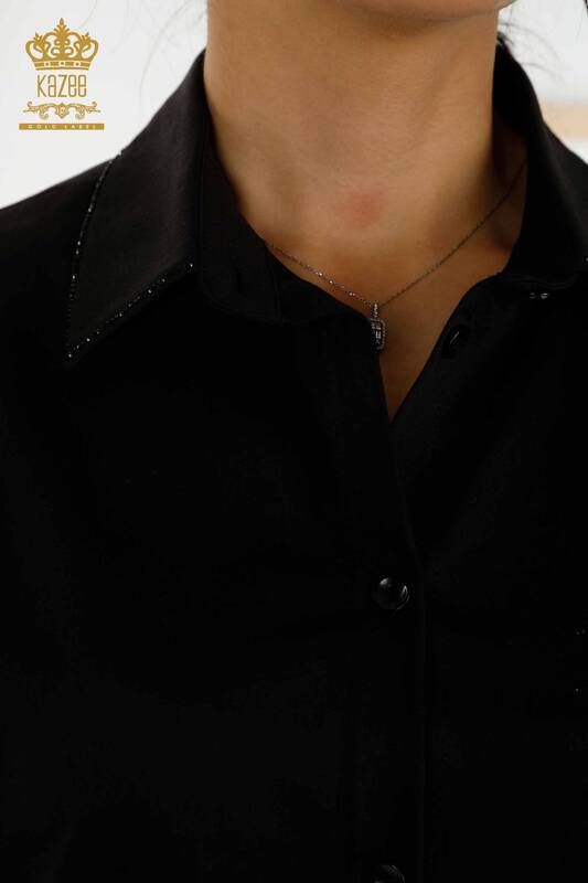 Toptan Kadın Gömlek Kristal Taş İşlemeli Siyah - 20231 | KAZEE
