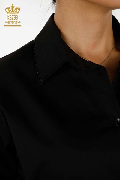 Toptan Kadın Gömlek Kristal Taş İşlemeli Siyah - 20231 | KAZEE - Thumbnail