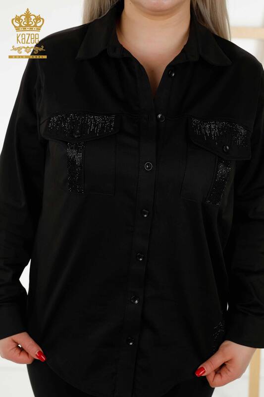 Toptan Kadın Gömlek Kristal Taş İşlemeli Siyah - 20239 | KAZEE