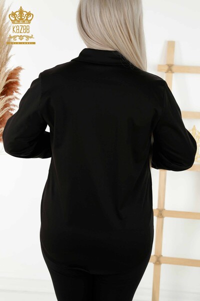 Toptan Kadın Gömlek Kristal Taş İşlemeli Siyah - 20239 | KAZEE - Thumbnail